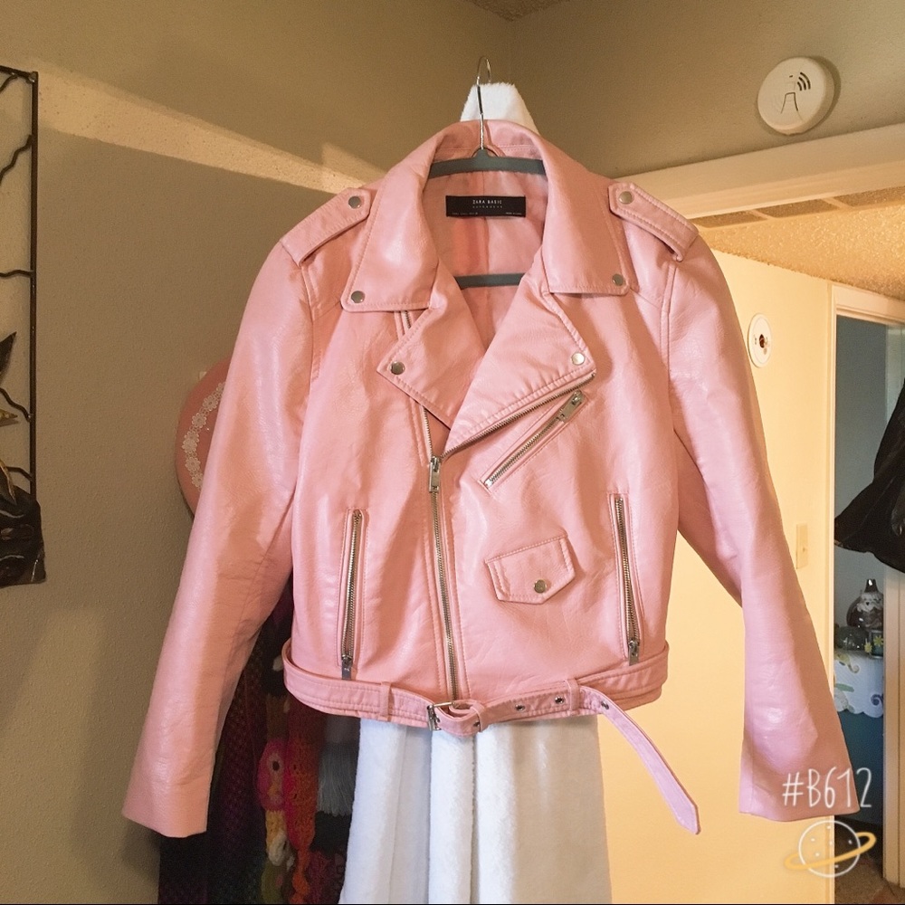 Zara Faux Leather Pink Moto Biker Jacket w/ Belt